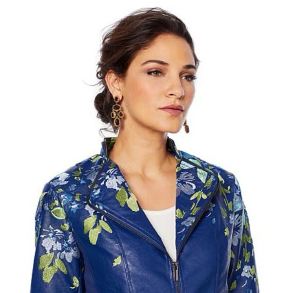 Colleen Lopez navy blue embroidered floral faux leather moto jacket Size XL - Picture 1 of 11